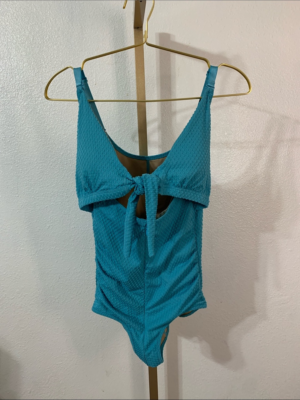 Textured Teal slimming faja One-Piece Swimsuit with Front Tie- Small
